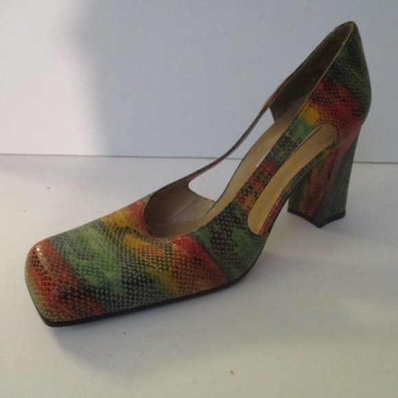 Sacha London Shoes - Squared Toe 'Rainbow' Snake Patent Print Pumps